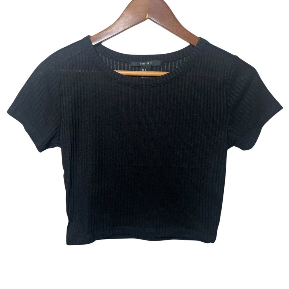 Forever 21 Ribbed Black Crop Top‎ S Semi Sheer Short Sleeve Tee Y2K Minimalist